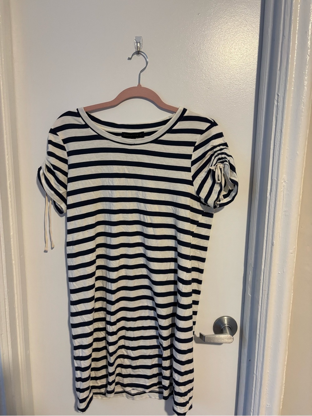 Sanctuary navy and White Striped women’s tshirt Dress with Ruched sleeves